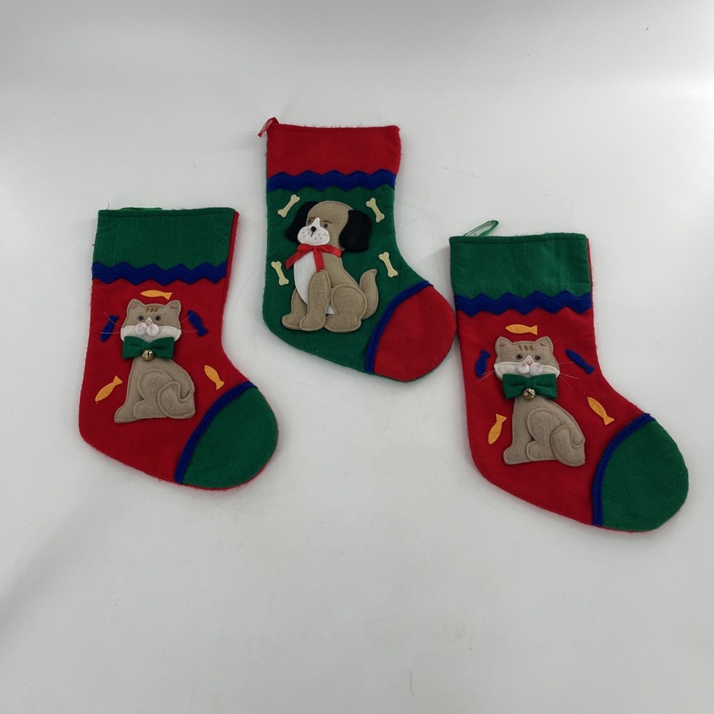 3 Set Vintage Felt Christmas Stockings 3D Plush Dog Puppy Cat Kitten Kitty 15.5"